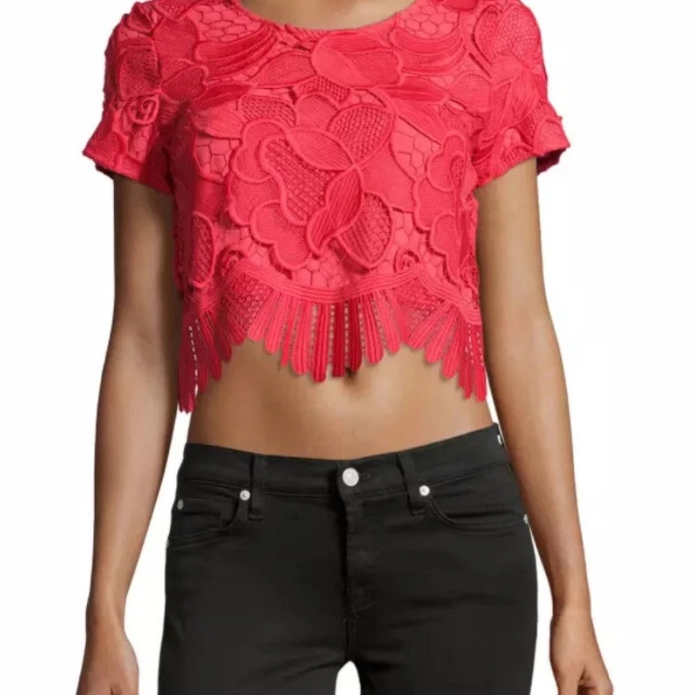 Lovers + Friends Daycation Red Coral Lace Crochet Sheer Scalloped Fringe Top M